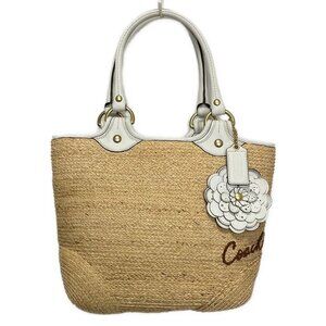 Auth COACH - F13373 Light Brown White Straw Leather Tote Bag